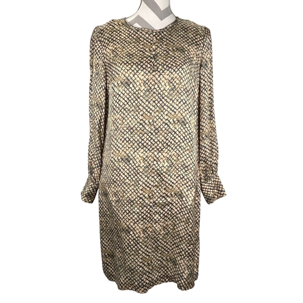 J.McLaughlin Womens Silk Snake Print‎ Geo Shift Dress Tan Green Long Sleeve XS